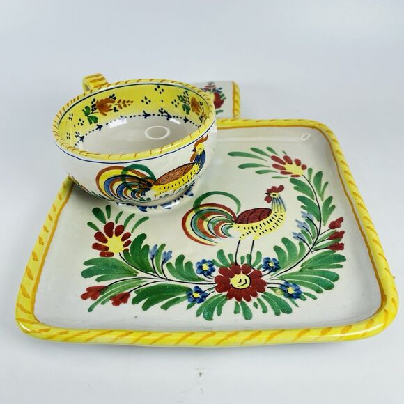 Italy Pottery Majolica Snack Set Tray Cup Galletto Rooster Design Terracotta VTG - Picture 16 of 16
